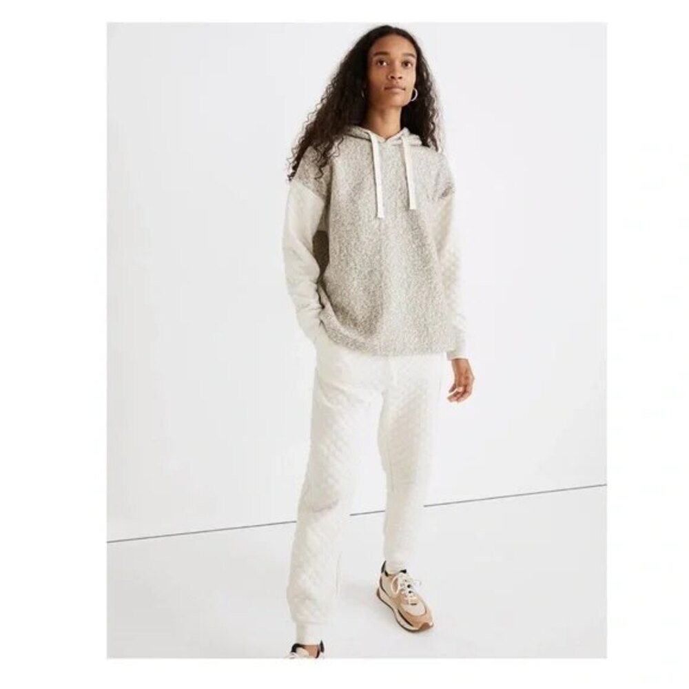 Madewell Quilted Sleeve Sweatshirt Hoodie Top Size S Pullover Ivory Gray NWT B94